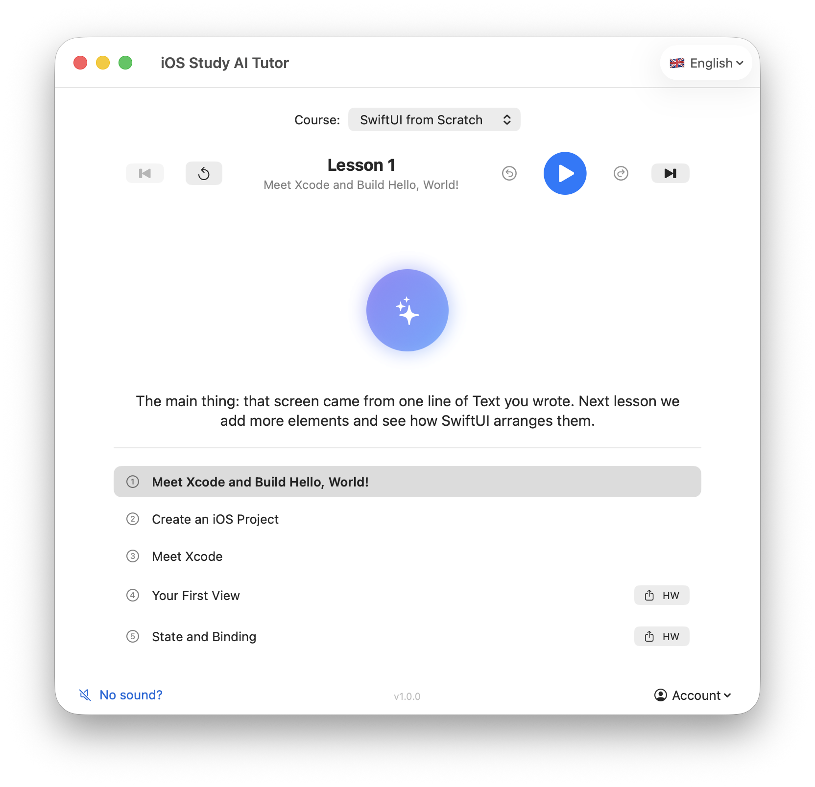 iOS Study AI Tutor — the lesson player on macOS
